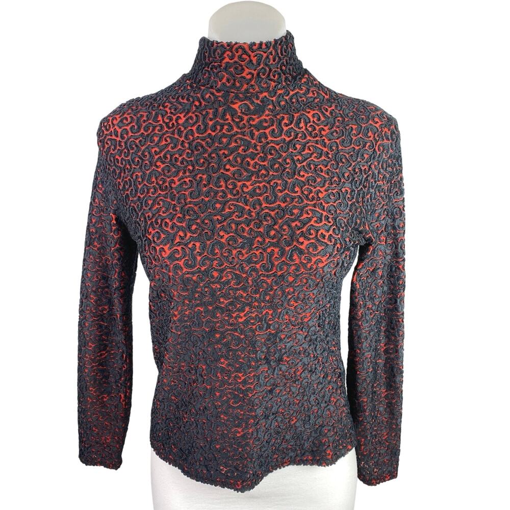 Women's Black Orange Textured Jaquard Turtleneck long Sleeve Sweater Top Size S